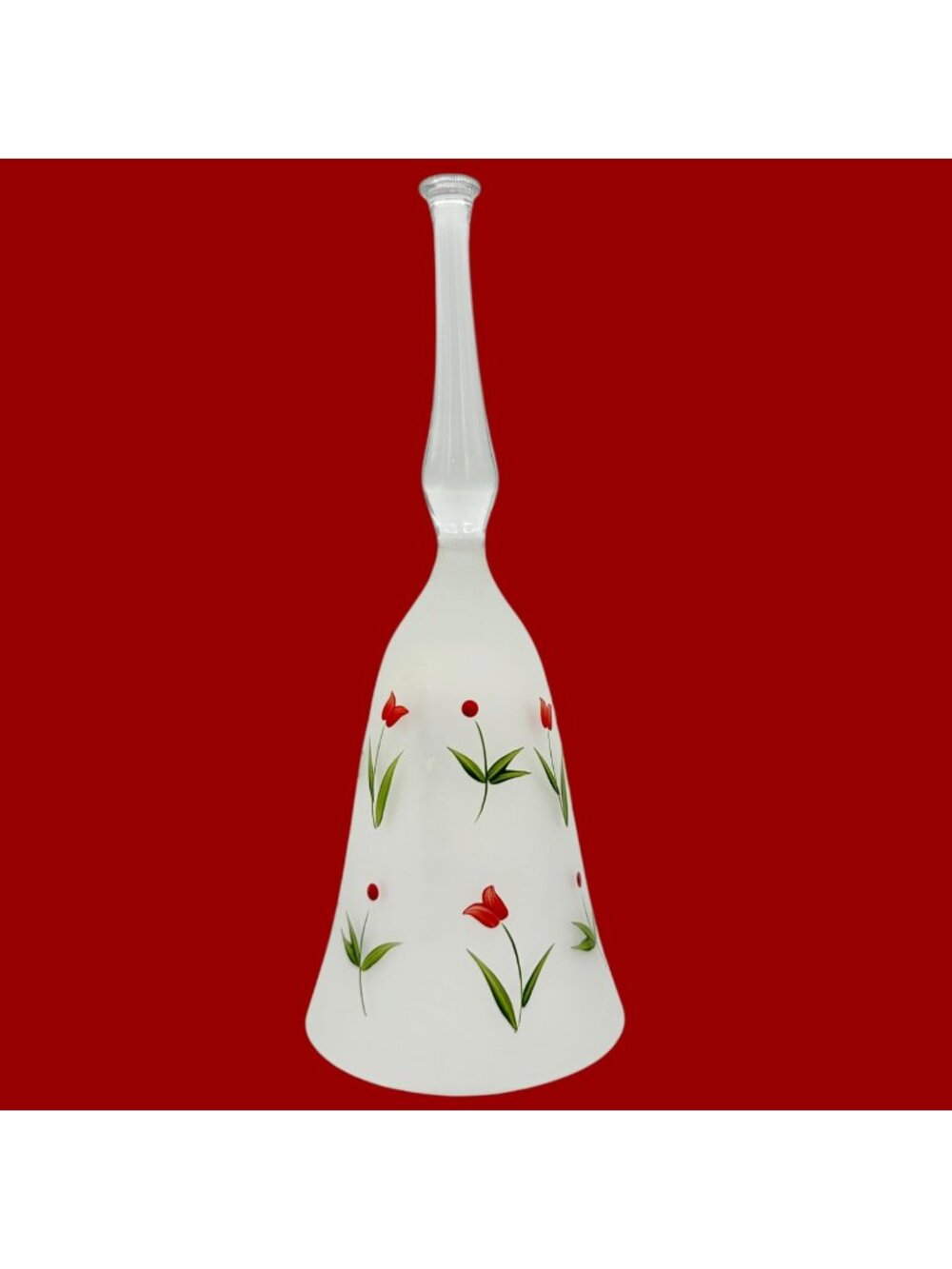 Hand Painted Frosted Glass Bell Red Tulips Green Leaves Made in Hungary 8.5"H
